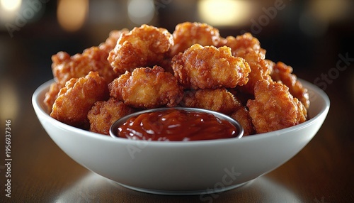 Crispy fried chicken popcorn with red sauce in the white bowl, close-up. Perfect for menu design, food blogs, & restaurant promotions online.