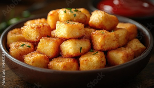 Golden fried potato gems are in a rustic bowl with parsley flakes. Showcase this tasty snack for restaurant menus or cooking blog posts.