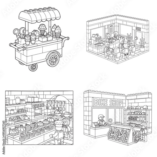 Whimsical building block scenes of shops and street food, perfect for playful designs.