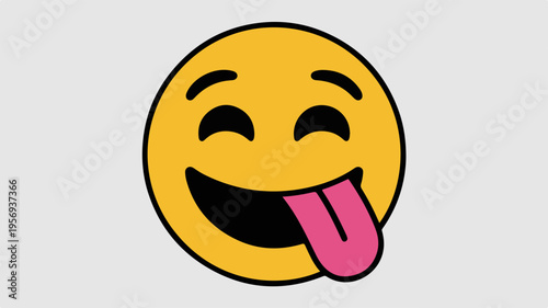 Smiling face with tongue out emoticon showing happiness and silliness on gray background