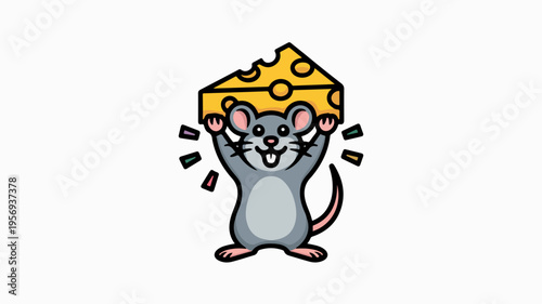 Cheerful cartoon mouse holds up a large yellow cheese wedge with holes on white background conveying excitement and joy