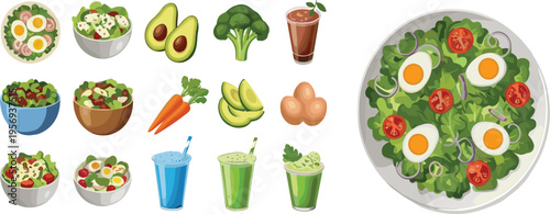Healthy food salad and smoothie collection with fresh vegetables eggs avocado bowls and drinks flat vector illustration set