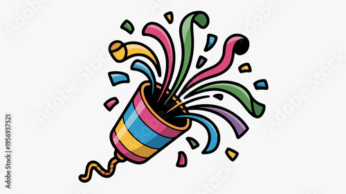Colorful confetti popper exploding with vibrant streamers and pieces on white background festive celebration symbol