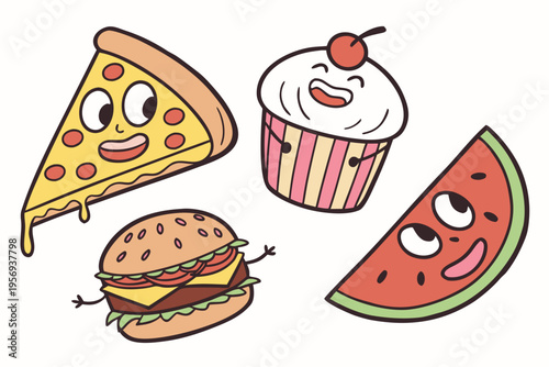 Cartoon food with smiling faces pizza