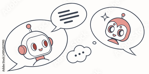 Cartoon robots talking with speech bubbles conversation