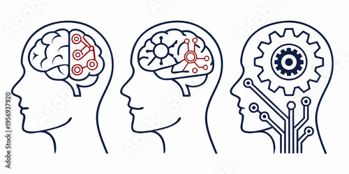 Human brain with red gears and cogs set human head line black and white
