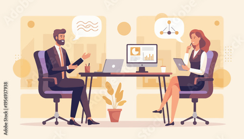 Business meeting between a man and woman in a modern office discussing ideas with digital graphics and charts