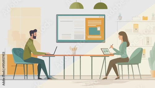 Modern office space with two people working remotely on laptops and tablets, collaborating efficiently