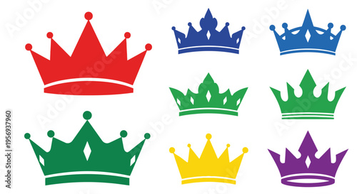 Colorful collection of royal crowns in various shapes and designs