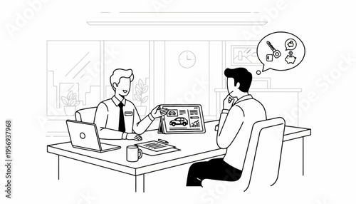 Car dealership meeting Salesperson showing options on a tablet to a customer