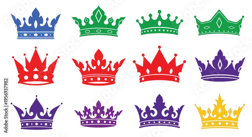 A collection of colorful ornate crowns displayed in a grid pattern