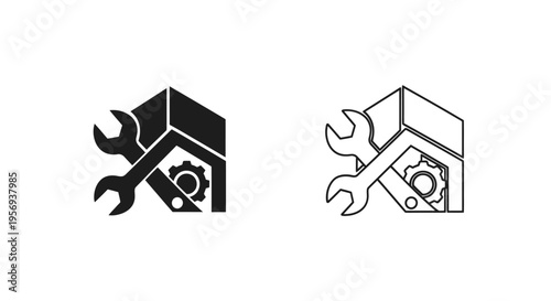 Two versions of a wrench and gear inside a cube icon