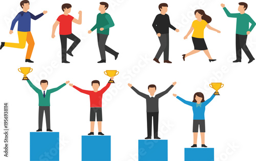 People celebrating success and dancing with trophy winners on podium achievement business characters flat vector illustration set isolated