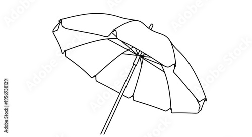 A simple line drawing depicts a partially open beach umbrella