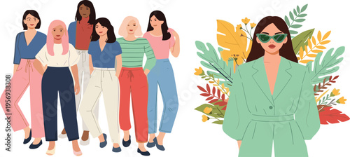 Modern women characters collection with diverse female group fashion style and portrait with leaves flat vector illustration set isolated