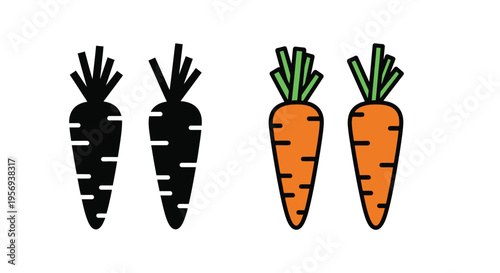 Two pairs of carrots depicted one black outline one orange with green tops