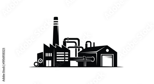Black and white illustration of an industrial factory with a smokestack