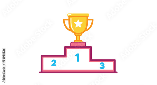 A golden trophy displayed atop a three tiered winner s podium