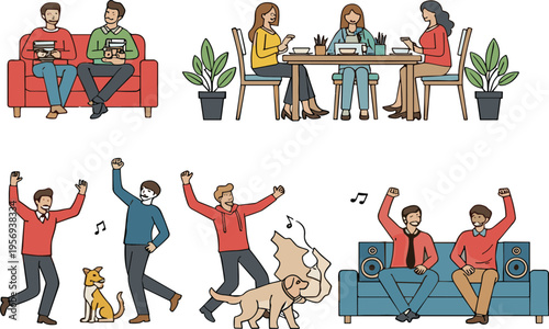 People lifestyle scenes collection with friends talking dancing relaxing at home with pets and music flat vector illustration set