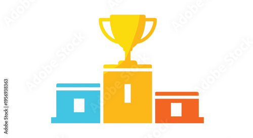 A golden trophy stands atop a three tiered winners podium