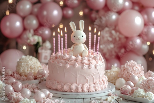 Pink frosted cake with bunny topper, candles, and balloons background. Use for children's birthdays, baby showers, and festive party decorations.