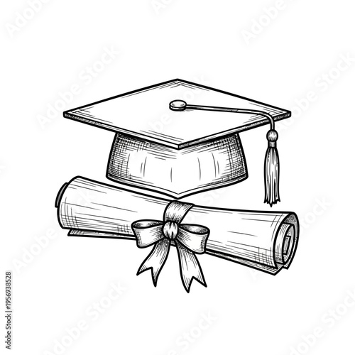 Graduation Cap and Diploma Scroll with Bow - Symbol of Achievement and Education