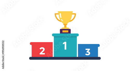 A golden trophy sits atop a colorful three tiered winner s podium