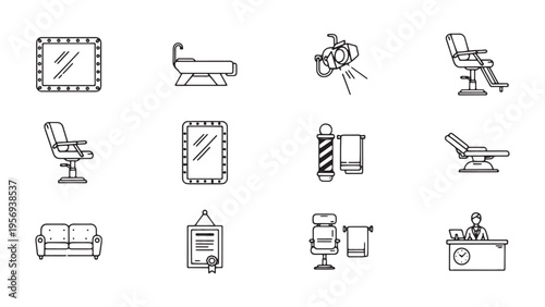 Bathroom and Salon Furniture Icons, Interior Equipment and Grooming Elements Illustration