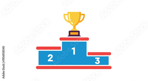 A three tiered winners podium with a gold trophy on top