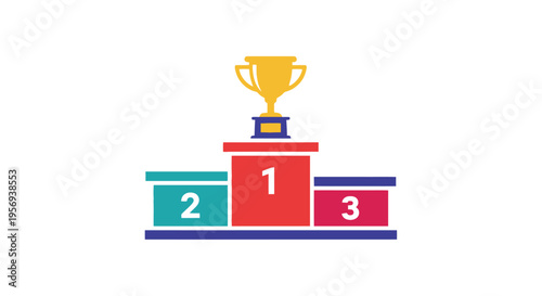 A colorful illustration of a three tiered winner s podium with a trophy
