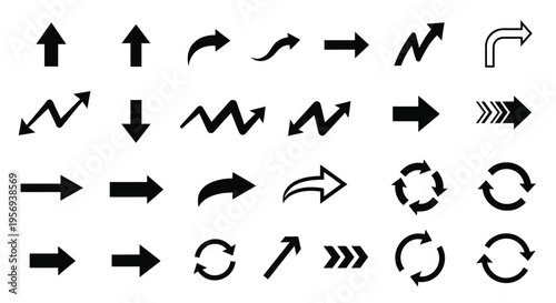 Collection of various black arrow symbols and curved directional indicators