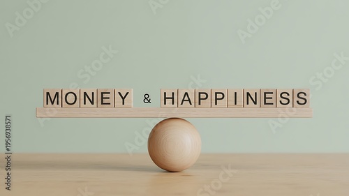 Wooden blocks spelling money and happiness on seesaw