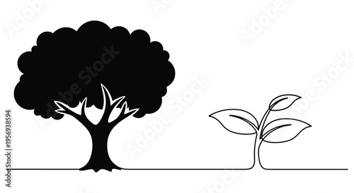 A large tree and a small seedling connected by a single line