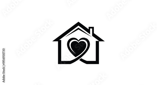 A black and white graphic depicts a house shape with a heart inside