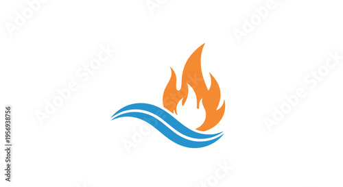 Stylized graphic of fire flames above a flowing water wave