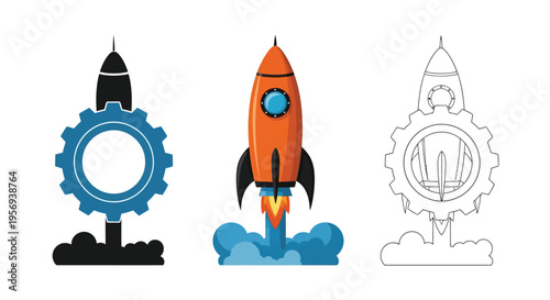 Three rocket ship illustrations colored silhouette and line art versions