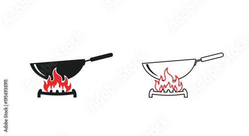 Two wok illustrations one black one white both showing flames