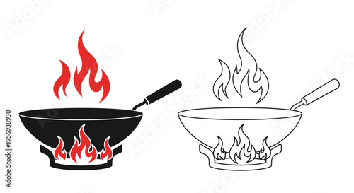 Two wok illustrations one in color one in black and white both with flames