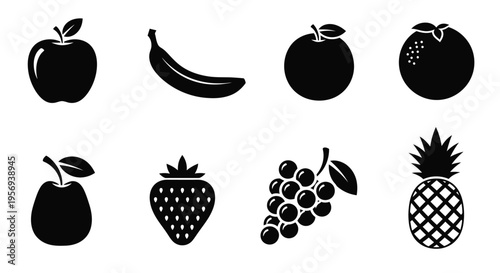 Black silhouette icons depicting various types of fresh fruit