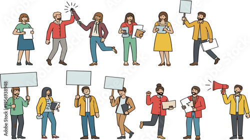 Protest and activism people collection with demonstrators holding signs megaphone social movement flat vector illustration set isolated