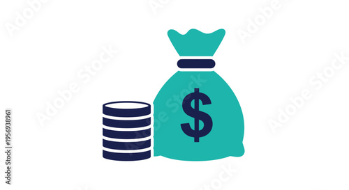 Illustration of a teal money bag and stacked coins with a dollar sign