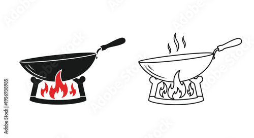 Two wok illustrations one colored one outlined both over flames