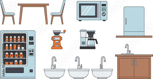 Vector illustration set of modern kitchen appliances and office breakroom furniture including vending machine microwave oven coffee maker dining table chairs and water sinks.