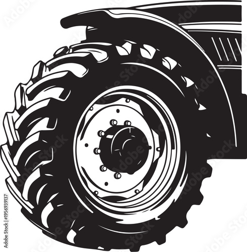 Tractor wheel with large tire and metal rim closeup