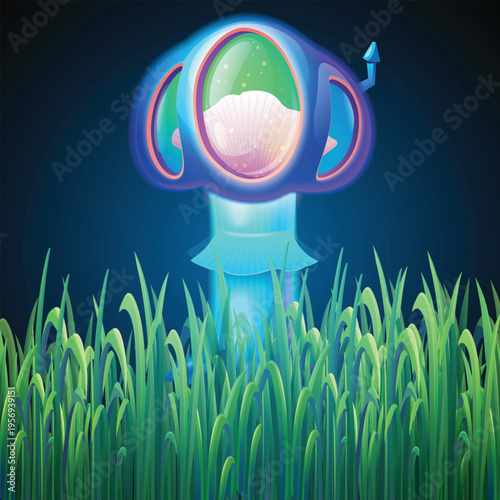 s a digital illustration of a fantastical, alien-like mushroom glowing with blue and pink light.