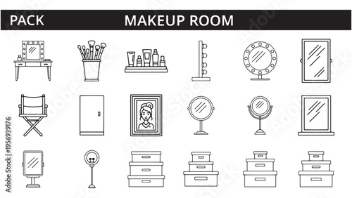 Makeup Room Icon Set, Beauty Salon Equipment and Cosmetic Studio Elements Illustration
