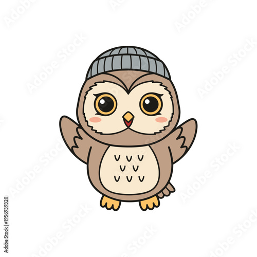 Cute cartoon owl wearing a beanie and waving cheerfully  