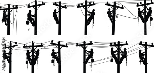 Vector silhouette collection of professional electrical lineworkers repairing power lines on wooden poles isolated on white background for utility and energy industry maintenance concepts.