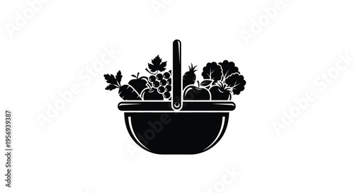 Black and white illustration of a basket filled with fruits and vegetables