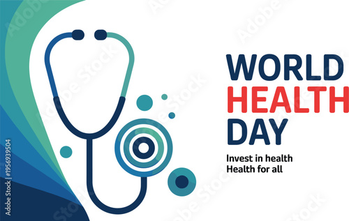 World Health Day vector illustration featuring a stethoscope, medical professionals, globe, and healthy lifestyle elements